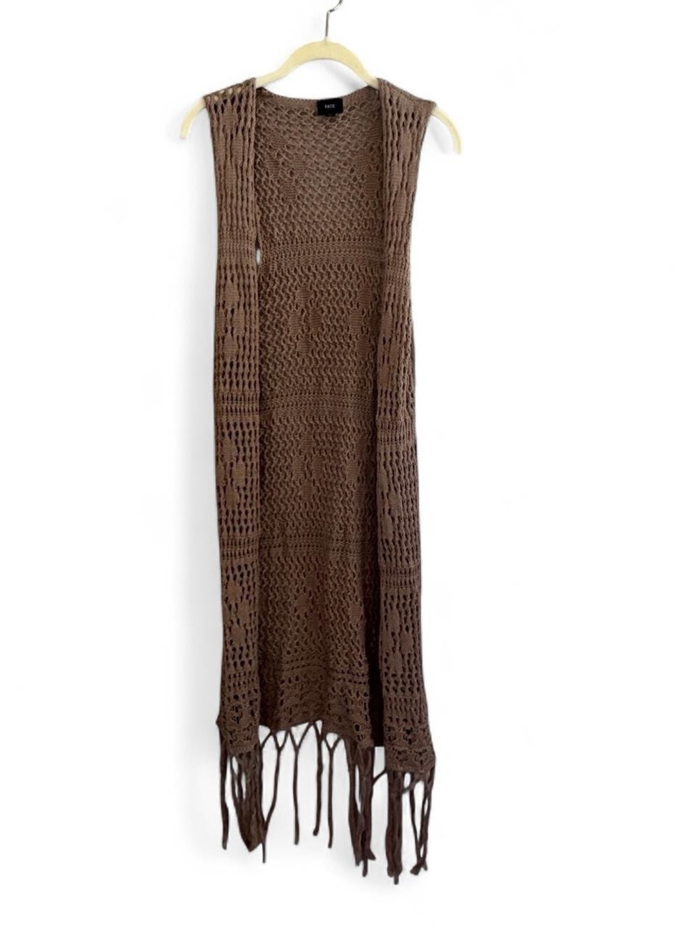 Fate Brown Crochet Knit Fringe Long Vest